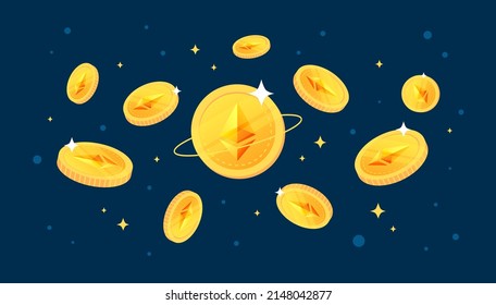 Ethereum (ETH) coins falling from the sky. ETH cryptocurrency concept banner background.