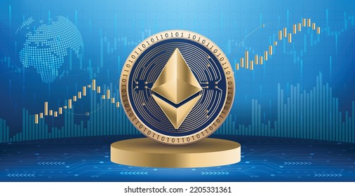 Ethereum ETH crypto currency coin logo and symbol over financial infographic background. Futuristic technology vector illustration banner and wallpaper 