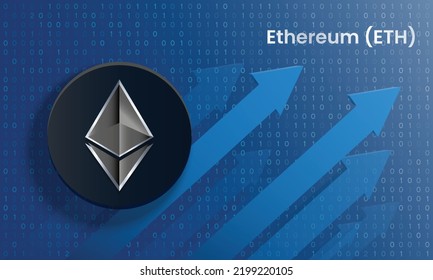 Ethereum (ETH) crypto currency logo coin on futuristic financial technology background and banner vector illustration. Can be used as cover, header, backdrop, poster, wallpaper and print design