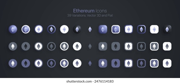 Ethereum ETH Crypto Currency Modern 3D And Flat Icon Set Vector Isolated On Dark Background. Blockchain Technology Cryptocurrency Coins Logo In Different Styles For Financial Exchange Digital Business