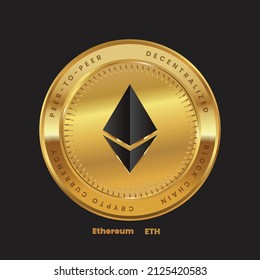 Ethereum (ETH) logotipo de token de moneda criptográfica en el diseño de la moneda de oro con temática negra. ilustración vectorial para símbolos criptodivisa, iconos, banner, afiche, proyectos financieros.