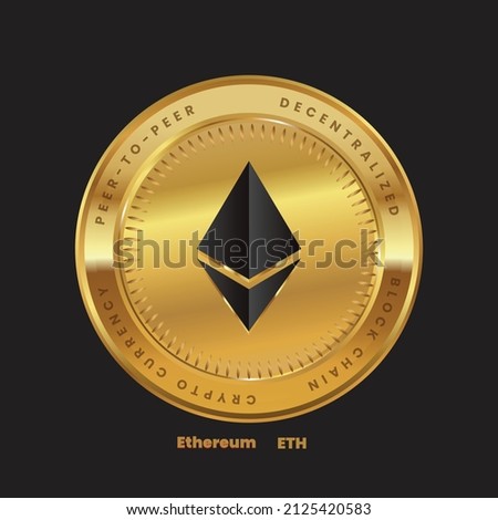 Ethereum (ETH) crypto currency token logo on gold coin black themed design. vector illustration for cryptocurrency symbols, icons, banner, poster, financial projects.