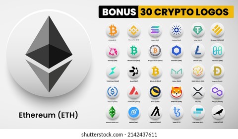 Ethereum ETH crypto logo symbols of cryptocurrency. Set of Bitcoin, Algorand, Solana, Binance Coin, Binance USD, litecoin,avalanche, chainlink, maker, dogecoin, USD Coin, Shiba Inu, and Polygon