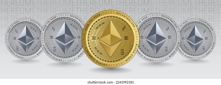 Ethereum ETH Cryptocurrency token golden and silver coins background. Futuristic virtual money and finance concept vector illustration for poster, banner and social media headers. svg