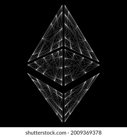 Ethereum ETH cryptocurrency token symbol, linear polygonal white coin icon isolated on black background. Design element for website or banner. Vector illustration.