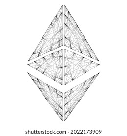 Ethereum ETH cryptocurrency token symbol, linear polygonal black coin icon isolated on white background. Design element for website or banner. Vector illustration.