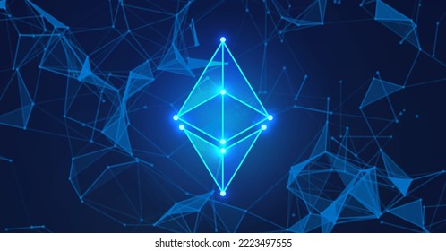 Ethereum ETH cryptocurrency token symbol on dark polygonal background