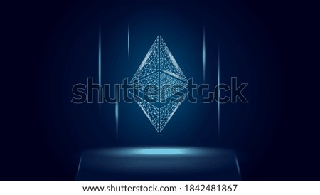 Ethereum ETH cryptocurrency token symbol, coin icon on dark polygonal wireframe background. Digital gold for website or banner. Vector EPS10.