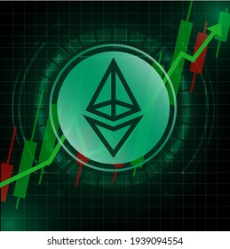 Ethereum (ETH) cryptocurrency value price going up concept design. Glowing Dash Coin on Green candle stick charts with black and green background.Vector Illustration.EPS10.
