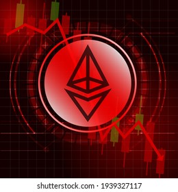 Ethereum (ETH) cryptocurrency value price fall drop concept design. Glowing Dash Coin on red candle stick charts with black and red background.Vector Illustration.EPS10.