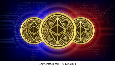 Ethereum ETH  digital currency, futuristic digital money on world map, gold technology worldwide network concept. International stock exchange. Network bitcoin marketing. 3D vector illustration.