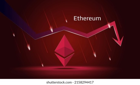 Ethereum ETH in downtrend and price falling down on dark red background. Cryptocurrency coin symbol and red down arrow with falling meteors. Trading crisis and crash. Vector illustration. svg
