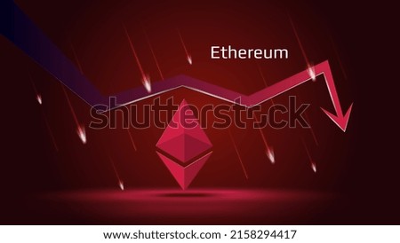 Ethereum ETH in downtrend and price falling down on dark red background. Cryptocurrency coin symbol and red down arrow with falling meteors. Trading crisis and crash. Vector illustration.