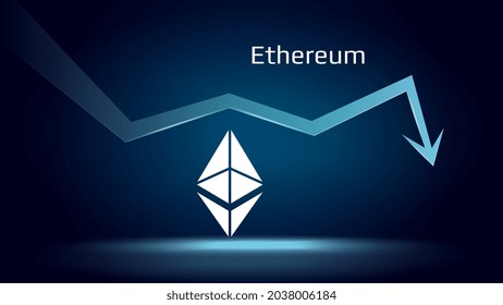 Ethereum ETH in downtrend and price falls down. Crypto coin symbol and down arrow. Uniswap crushed and fell down. Cryptocurrency trading crisis and crash. Vector illustration.