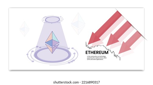 Ethereum ETH in Abwärtstrend und Wert sinkt auf weißem Hintergrund. Symbol der Kryptowährung und roter Pfeil nach unten. Crypto-Krise und Crash. Vektorgrafik