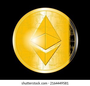 Ethereum (ETH) gold crypto coin on black background