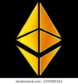 Ethereum ETH golden symbol in front view isolated on black. Design element.