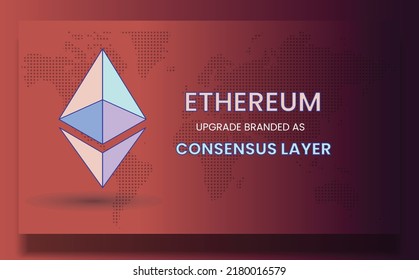 Ethereum, eth new logo hovering in the backdrop of world map. new upgrade will make ether more secure and scalable.