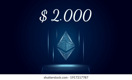 Ethereum ETH polygonal cryptocurrency token symbol priced at 2000 dollars, coin icon on dark background. Digital gold for website or banner. Vector EPS10.