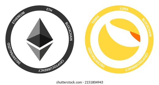 Ethereum ETH and Terra LUNA crypto logos. Cryptocurrency symbol set vector illustration template