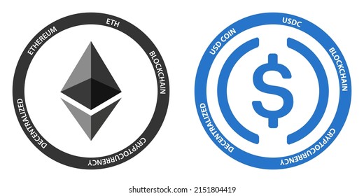 Ethereum ETH and USD Coin USDC crypto logos. Cryptocurrency symbol set vector illustration template