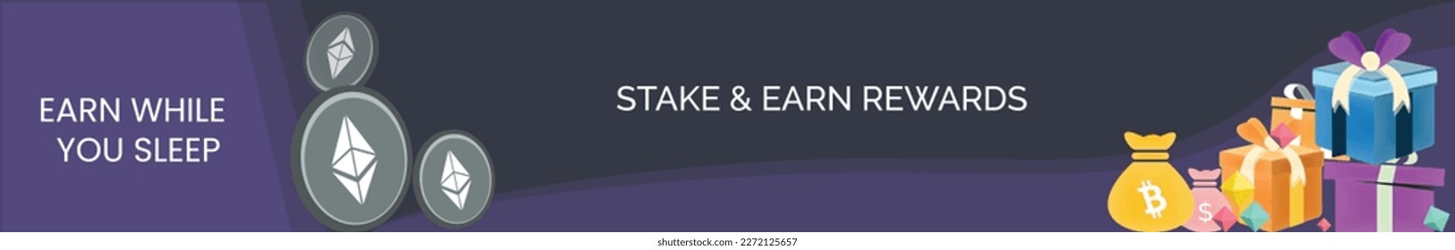 Ethereum, Ether cryptocurrency Header or footer banner template. vector illustartion of coins, gift boxes, money bags for web template. 