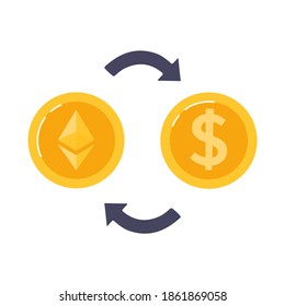 Ethereum exchange for dolar . Blockchain technologies, bitcoins, altcoins, finance, digital money market, cryptocurrency
coins. Vector illustration