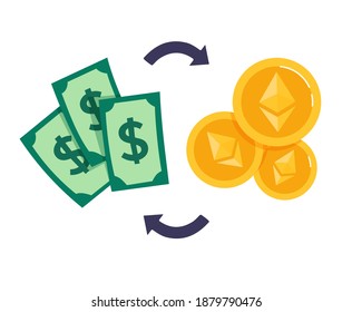 Ethereum exchange for dolar . Blockchain technologies, bitcoins, altcoins, finance, digital money market, cryptocurrency coins. Vector 