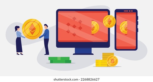 Ethereum exchange and staking on pc and mobile 2d vector illustration concept for banner, website, illustration, landing page, flyer, etc.