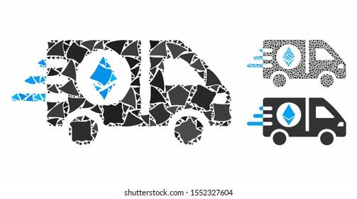 Ethereum express car composition of raggy pieces in different sizes and color tones, based on Ethereum express car icon. Vector rough items are united into composition.