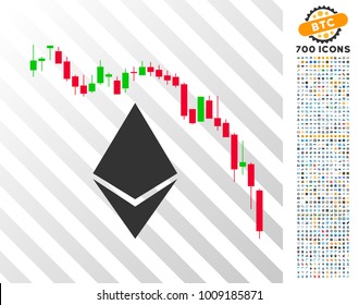 Ethereum Fall Chart icon with 700 bonus bitcoin mining and blockchain icons. Vector illustration style is flat iconic symbols designed for cryptocurrency software.