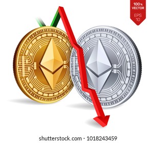 Ethereum. Fall. Red arrow down. Ethereum index rating go down on exchange market. Crypto currency. 3D isometric Physical Golden and silver coins isolated on white background. Vector illustration