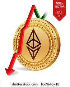 Ethereum. Fall. Red arrow down. Ethereum index rating go down on exchange market. Crypto currency. 3D isometric Physical Golden coin isolated on white background. Vector illustration.