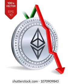 Ethereum. Fall. Red arrow down. Ethereum index rating go down on exchange market. Crypto currency. 3D isometric Physical Silver coin isolated on white background. Vector illustration.