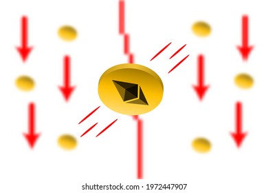 Ethereum Fall. Red arrow down with gaussian blur effect background. Ethereum market crash. Red chart down