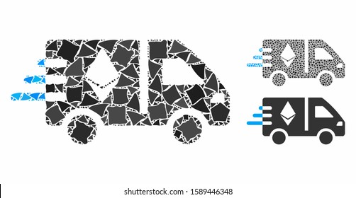 Ethereum fast delivery car composition of irregular pieces in different sizes and color hues, based on Ethereum fast delivery car icon. Vector tuberous pieces are combined into illustration.