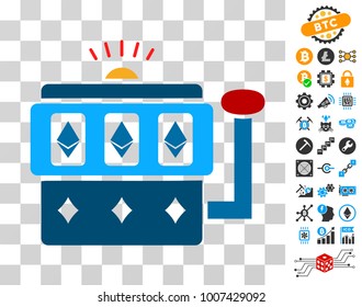 Ethereum Gambling Machine icon with bonus bitcoin mining and blockchain clip art. Vector illustration style is flat iconic symbols. Designed for bitcoin websites.