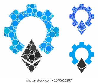 Ethereum gear mosaic of circle elements in various sizes and color tints, based on Ethereum gear icon. Vector circle elements are united into blue composition.