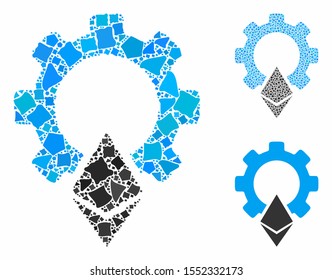 Ethereum gear mosaic of unequal pieces in variable sizes and color tints, based on Ethereum gear icon. Vector abrupt parts are united into mosaic. Ethereum gear icons collage with dotted pattern.