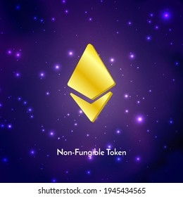 Ethereum golden sign on futuristic neon purple background, text NFT non fungible token, cryptocurrency banner. Stock vector illustration.