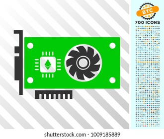 Ethereum Gpu Videocard pictograph with 7 hundred bonus bitcoin mining and blockchain symbols. Vector illustration style is flat iconic symbols designed for cryptocurrency apps.