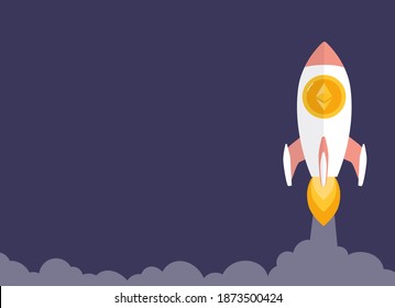 Ethereum is growing, concept with a rocket. Blockchain technologies, altcoins, digital money market, cryptocurrency wallet. Vector banner in flat style, dark background