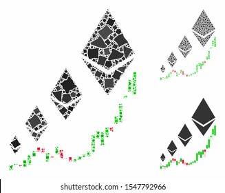 Ethereum growth chart composition of unequal pieces in different sizes and shades, based on Ethereum growth chart icon. Vector rough pieces are organized into collage.