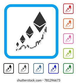 Ethereum Growth Chart icon. Flat gray iconic symbol in a blue rounded rectangular frame. Black, gray, green, blue, red, orange color variants of Ethereum Growth Chart vector.