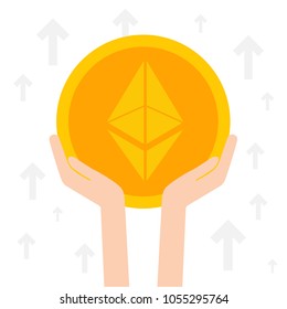 Ethereum growth concept of cryptocurrency technology, exchange, mobile banking. Surging to record high. Hands raise the coin