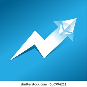 Ethereum growth graph concept on blue background. Ethereum icon as arrow pointing up. Ethereum hype concept. New virtual money	

