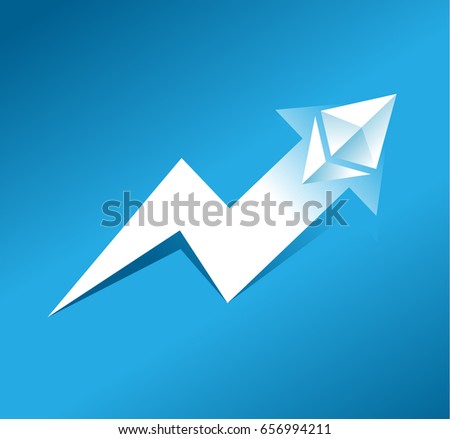 Ethereum growth graph concept on blue background. Ethereum icon as arrow pointing up. Ethereum hype concept. New virtual money	
