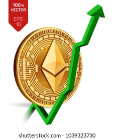 Ethereum. Growth. Green arrow up. Ethereum index rating go up on exchange market. Crypto currency. 3D isometric Physical Golden coin isolated on white background. Vector illustration.