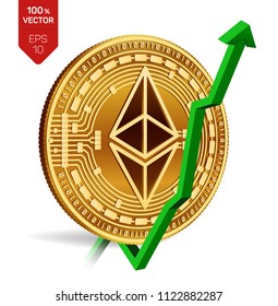 Ethereum. Growth. Green arrow up. Ethereum index rating go up on exchange market. Crypto currency. 3D isometric Physical Golden coin isolated on white background. Vector illustration.