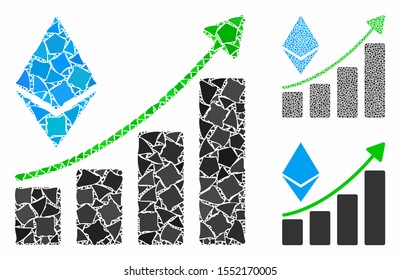 Ethereum growth trend composition of humpy parts in different sizes and color tones, based on Ethereum growth trend icon. Vector trembly parts are composed into composition.